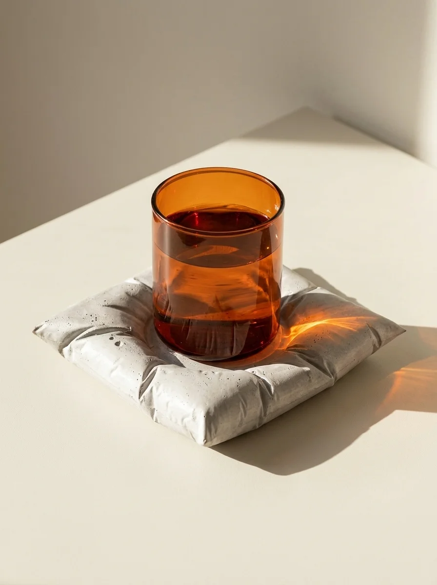 A burnt-orange glass casting refractions across the coaster