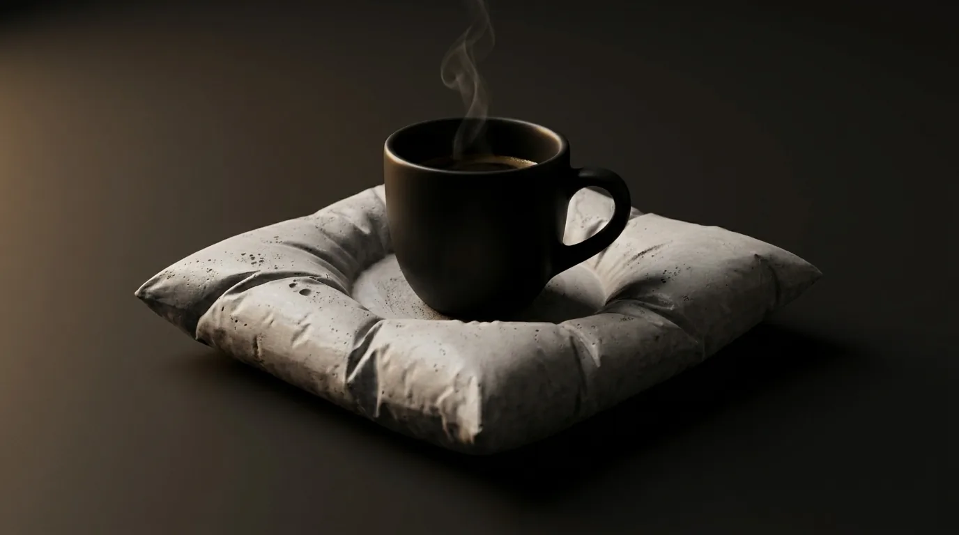 A matte-black espresso cup resting in the cement pillow coaster, steam rising